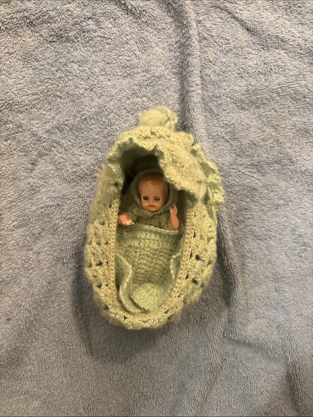 Vintage Handmade Crocheted Doll Cradle with Hood and Baby Doll
